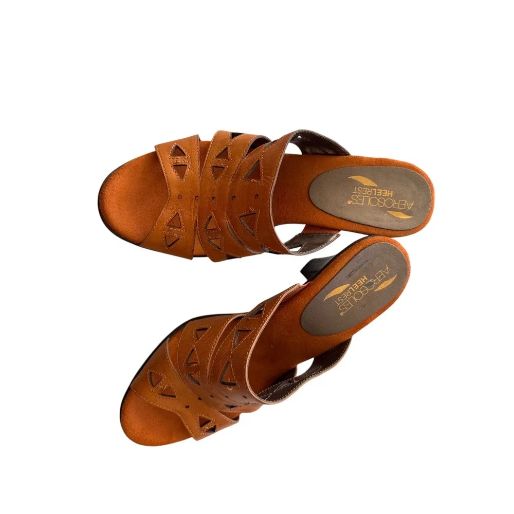 Aerosoles Allegiance Heelrest Tan Leather Cutout Slide Sandals Heels 9.5